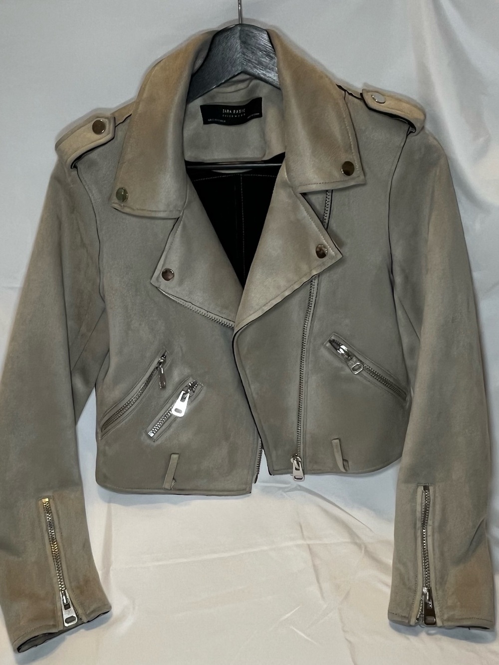 Zara Taupe Suede Moto Jacket with Silver Hardware